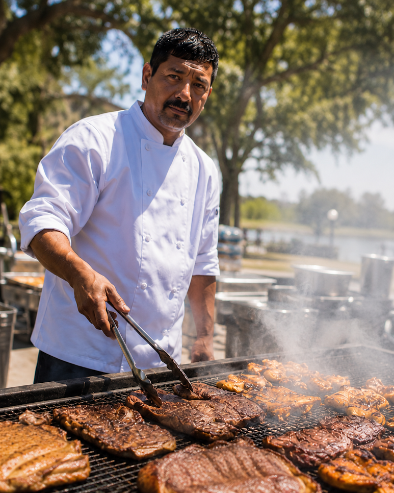 Santi's chef working at an outdoor grill